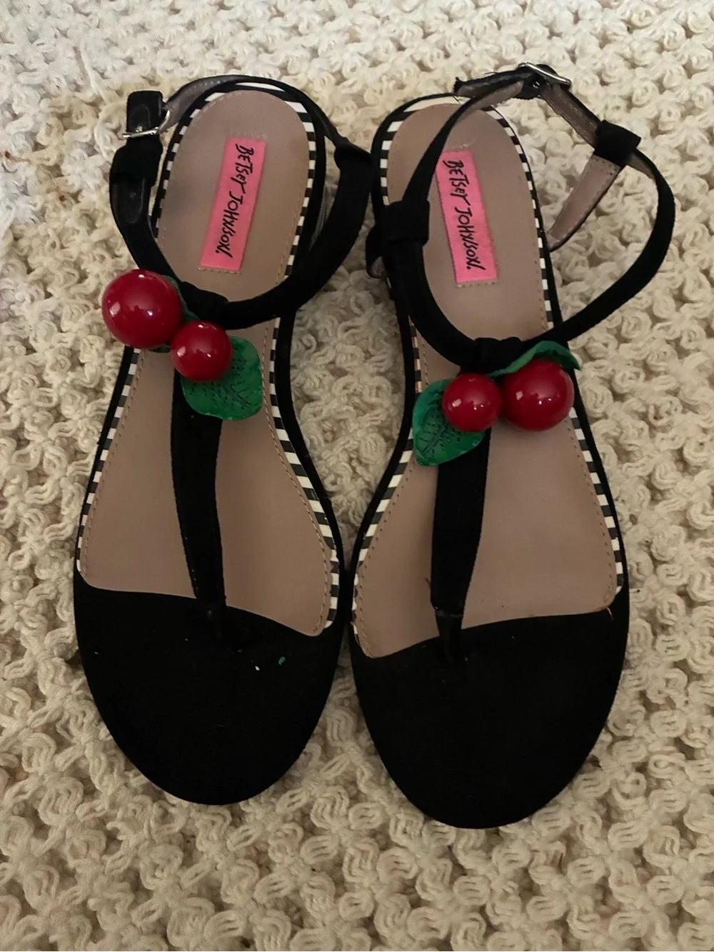 Betsey Johnson Red Cherries Strappy Sandals Adjustable Strap Flat 9M